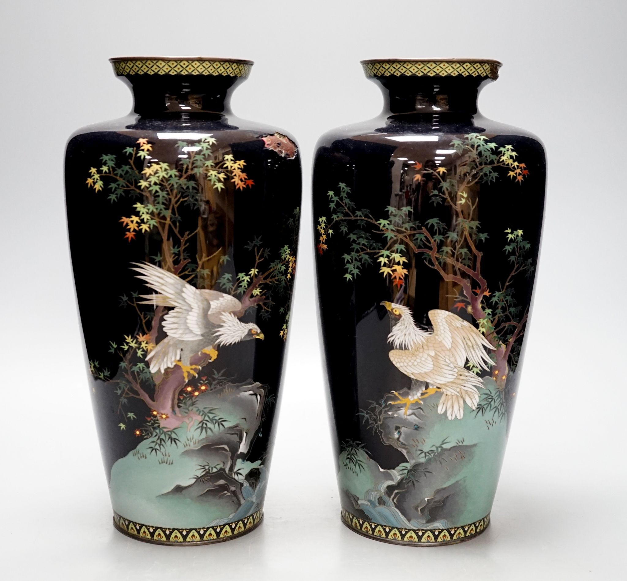 A pair of Japanese cloisonne vases (af), 31cm